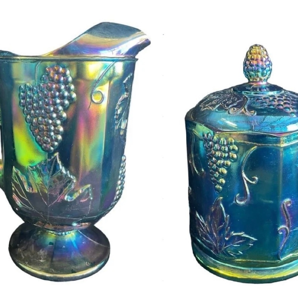 Vintage Carnival Glass Large Water Pitcher & Lidded Candy Jar Blue Green Grapes